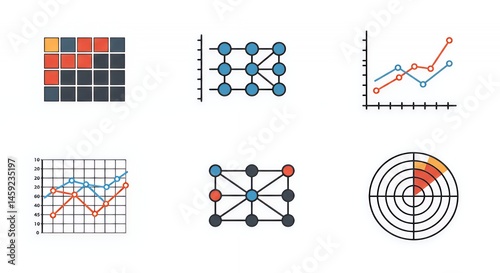 Collection of Colorful Data Visualization Icons: Charts, Graphs, and Networks