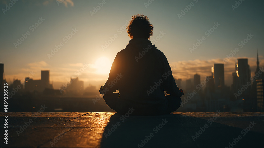custom made wallpaper toronto digitalBack view of someone practicing yoga or meditating on a roof near the city