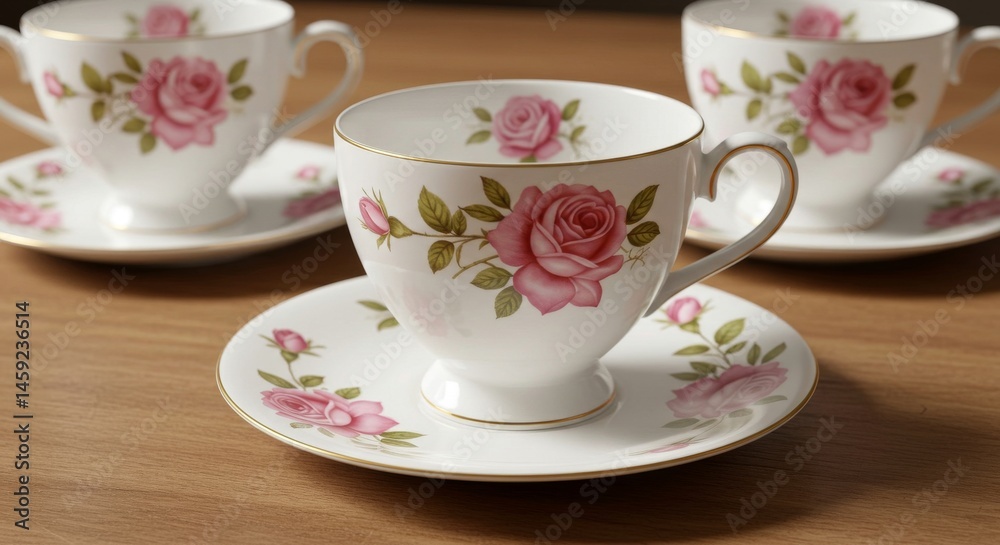 Elegant teacups and saucers adorned with pink roses. Elegant teacups and saucers adorned with pink roses.