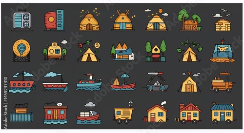 Collection of Unique and Colorful Shelter Icons for Adventure and Travel