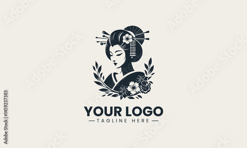 Traditional geisha portrait in black and white with floral hairstyle decoration vector logo