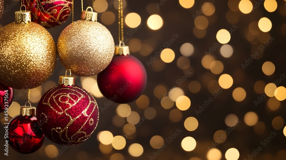 Sparkling Christmas ornaments against a festive bokeh background Sparkling Christmas ornaments against a festive bokeh background