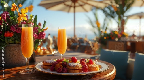 Outdoor breakfast with refreshing drinks and pastries.  Beautiful setting with flowers and ocean views