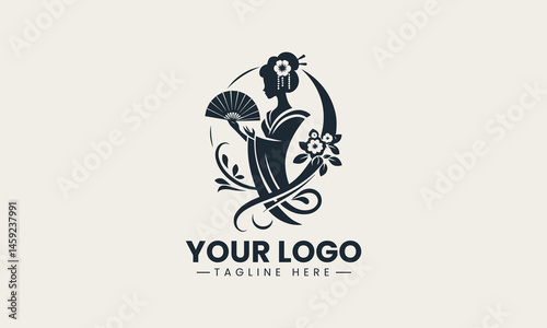 Minimalist geisha holding fan in silhouette used for logo vector design