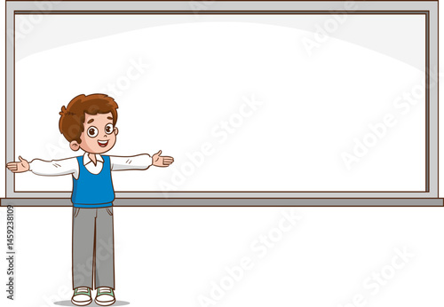Cute boy measuring the classroom blackboard with his ear vector illustration.