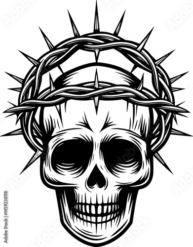 SVG artwork blending botanical horror with skulls and eerie flowers. Skull with Crown of Thorns in Vintage Monochrome Style Design