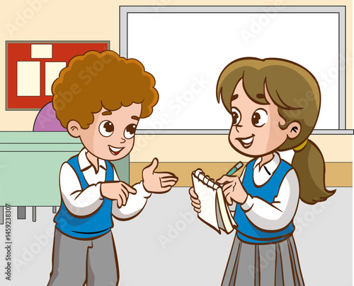 vector illustration of two cute little students talking in the classroom. the student asking a question to his friend is noting the answers