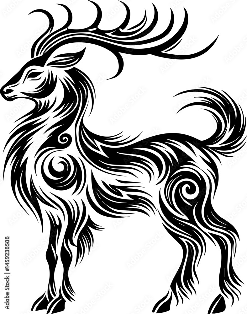 Fototapeta premium SVG artwork blending botanical horror with skulls and eerie flowers. Elegant Black and White Stylized Portrait of a Majestic Goat