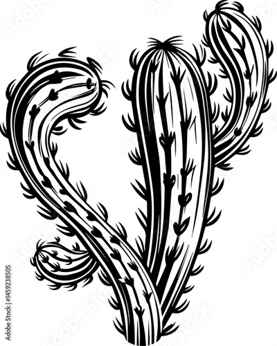 SVG artwork blending botanical horror with skulls and eerie flowers. Unique Black and White Illustration of a Cactus Design Element