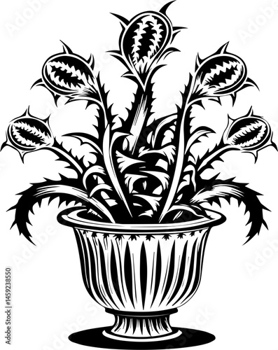 SVG artwork blending botanical horror with skulls and eerie flowers. Black and White Abstract Plant Design in Decorative Pot Artwork