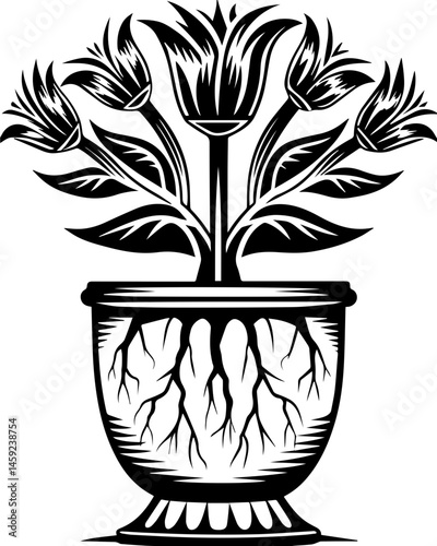 SVG artwork blending botanical horror with skulls and eerie flowers. Elegant Floral Design with Roots in Antique Decorative Pot