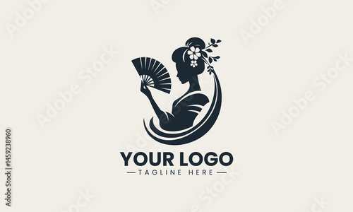 Minimalist geisha holding fan in silhouette used for logo vector design