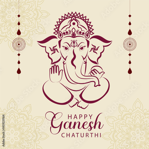 Happy Ganesh Chaturthi vector template with intricate Ganesha outline traditional patterns and festive elements in a serene maroon and beige color scheme for celebration decor

