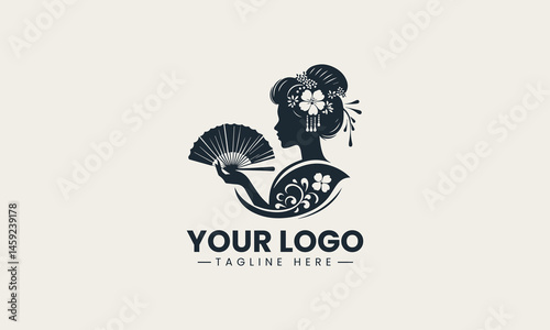 Minimalist geisha holding fan in silhouette used for logo vector design