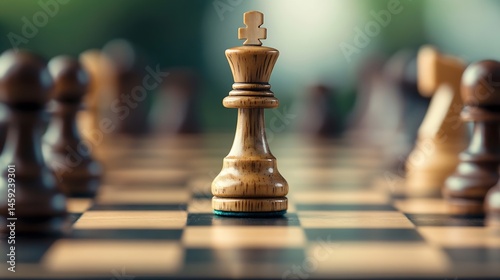 Close-up of a single wooden chess king piece on a chessboard, surrounded by blurred opponent pieces, suggesting strategy and competition. : Generative AI