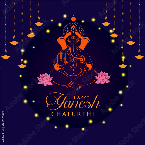 Happy Ganesh Chaturthi vector art with divine Ganesha figure festive lights and hanging diyas ideal for Indian cultural event invitation and holiday greeting design