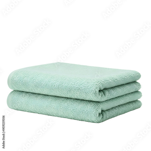 Two pastel green cotton towels folded on transparent background