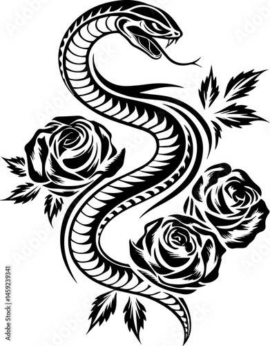 SVG artwork blending botanical horror with skulls and eerie flowers. Black Snake and Red Roses Tattoo Design with Intricate Details