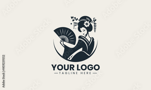 Geisha figure silhouette with hand fan as elegant vector logo graphic