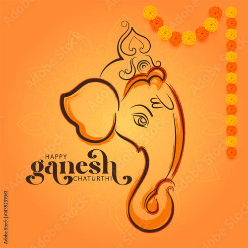 Creative Lord Ganesha artwork with minimalistic line illustration and floral design on orange theme  perfect for Ganesh Chaturthi festival ads prints and web templates