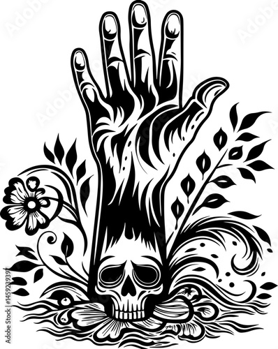 SVG artwork blending botanical horror with skulls and eerie flowers. Hand Reaching Out with Skull and Floral Elements in Dark Design