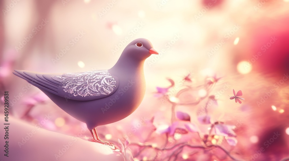 Obraz premium A bird with a purple body and white wings flying in the sky. The bird is surrounded by a purple and pink sky