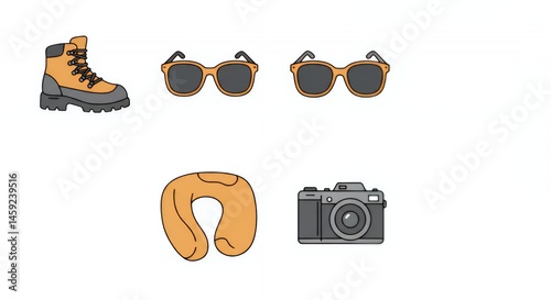 Essential Travel Items: Boots, Sunglasses, Neck Pillow, Camera