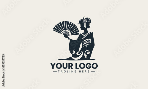 Geisha figure silhouette with hand fan as elegant vector logo graphic