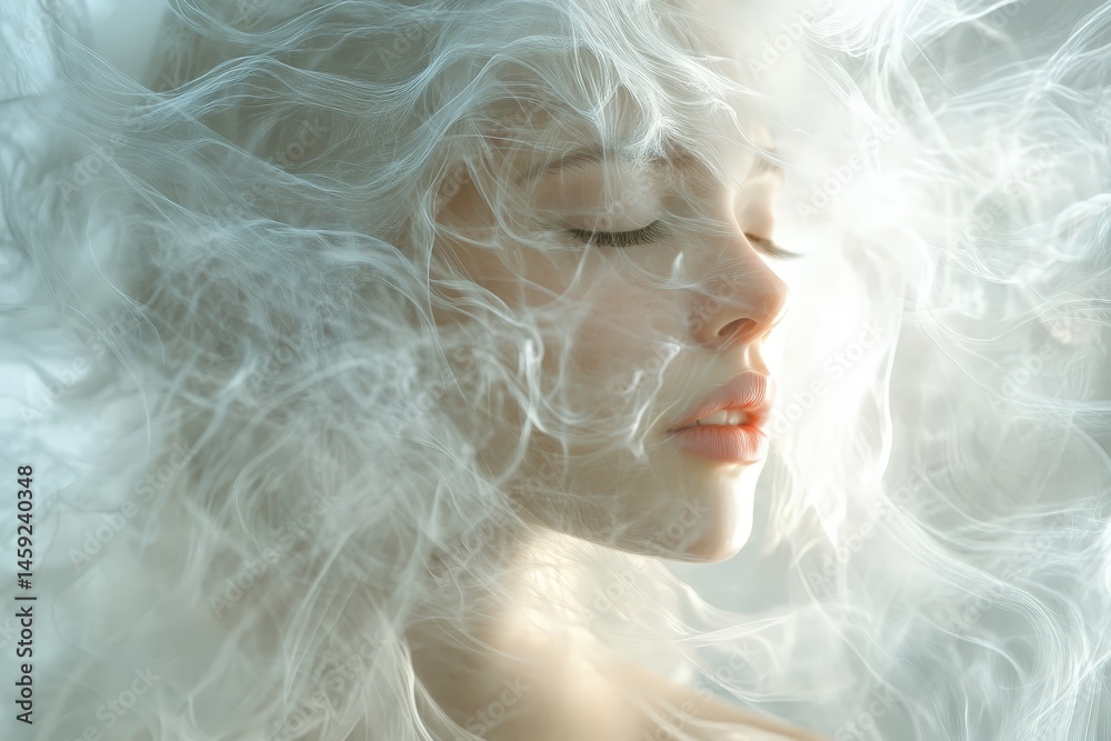 A serene profile of a woman enveloped in ethereal smoke. A serene profile of a woman enveloped in ethereal smoke.