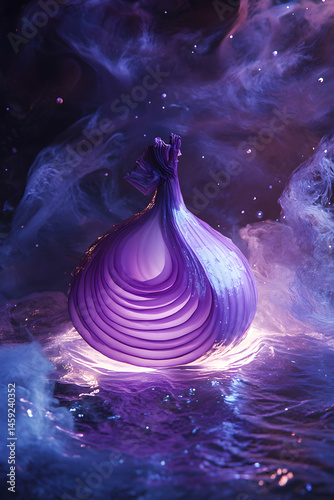 a purple onion sliced in half, floating and levitating in a surreal dreamlike space