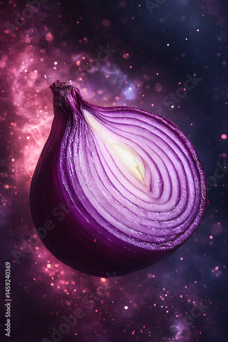 a purple onion sliced in half, floating and levitating in a surreal dreamlike space