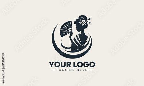 Silhouette of traditional geisha holding fan in minimalist logo design style