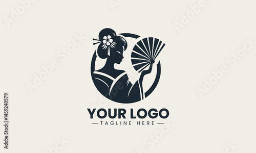 Silhouette of traditional geisha holding fan in minimalist logo design style