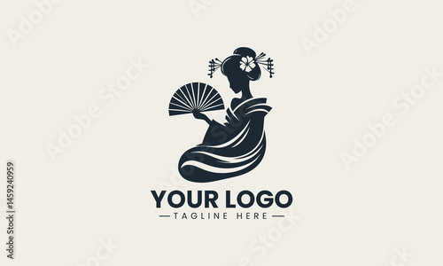 Silhouette of traditional geisha holding fan in minimalist logo design style