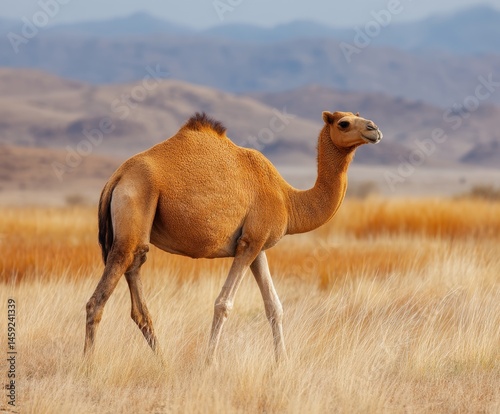 The dromedary or Arabian camel, Camelus dromedarius, is an even-toed ungulate with one hump on its back