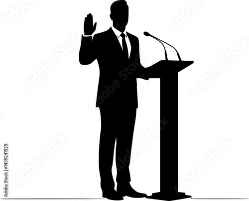 businessman speaking at the podium while giving gesture of lifting one hand up. Inspirational speech. Conference stage. Single line draw design vector illustration