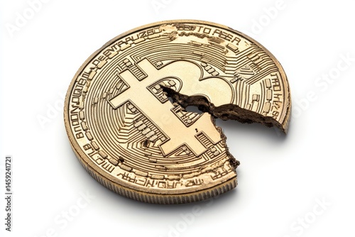 Close up of a cracked golden bitcoin coin on a white surface symbolizing loss