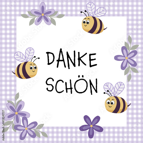 Dankeschön - Schriftzug in deutscher Sprache. Quadratische Karte mit niedlichen Bienen und violetten Blumen auf einem karierten Rahmen.