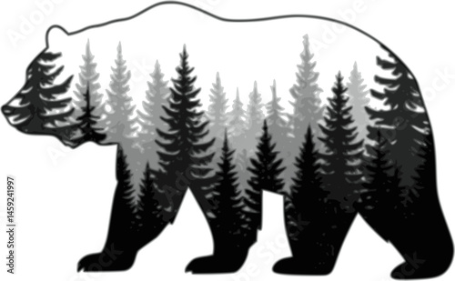 Forest Panorama view. Pines. Spruce nature landscape. Forest background. Set of Pine, Spruce and Christmas Tree on White background. Silhouette forest background. Vector illustration 