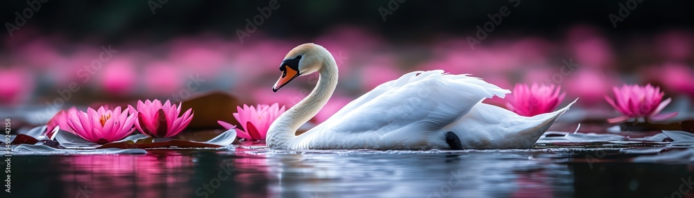 Fototapeta premium Elegant swan gliding among pink water lilies on a serene, reflective pond