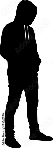 Black silhouette of a person wearing a hoodie, anonymous look, minimalist vector art
