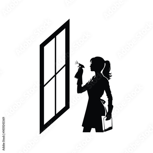 illustration of a housemaid or woman wearing an apron holding a cleaning spray while cleaning window. black and white housemaid wearing apron