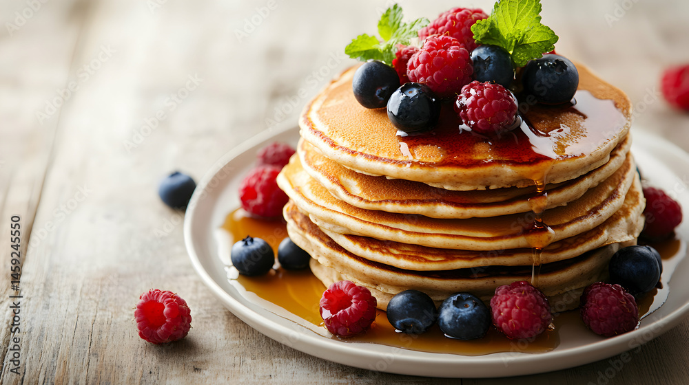 Delicious Stack of Pancakes with Berries and Maple Syrup Delicious Stack of Pancakes with Berries and Maple Syrup
