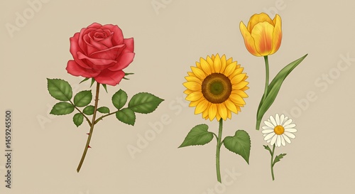 Floral Illustration: A Delicate Rose, Sunflower, Tulip, and Daisy