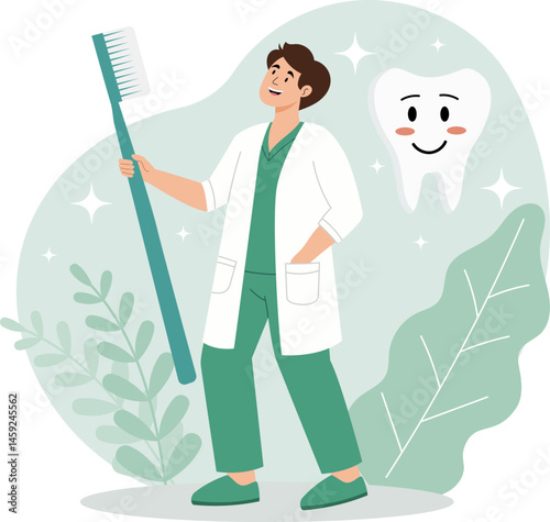 Illustration of a dentist holding a large toothbrush.