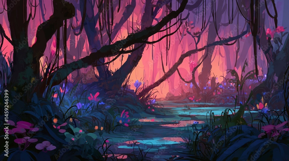 Fototapeta premium Dreamy forest landscape with water pink sky and lush vegetation.