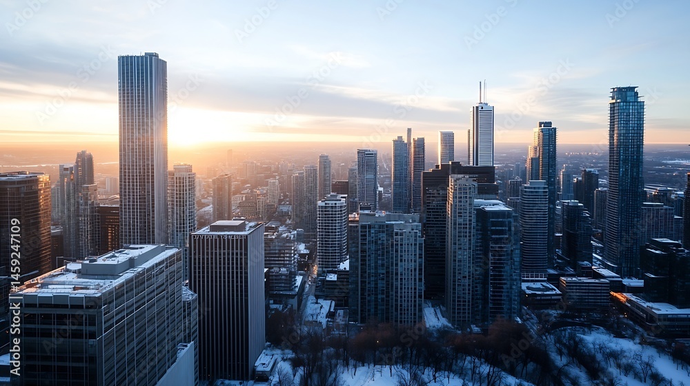 Fototapeta premium A breathtaking panoramic view of a modern city skyline at sunrise, showcasing numerous skyscrapers bathed in the warm golden light, with a blanket of snow covering the ground below. : Generative AI