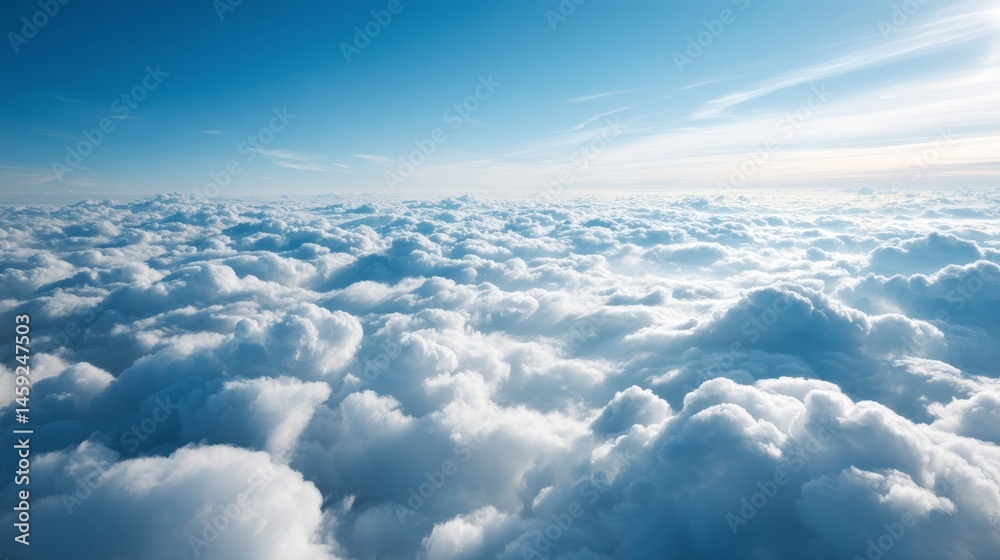Naklejka premium Wide perspective showcases thick white clouds beneath a vibrant cyan sky, offering an airy atmosphere and plenty of space for text or visuals on the left side