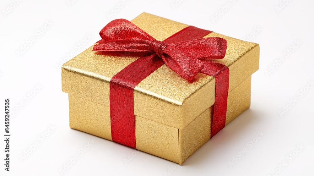 Obraz premium Golden gift box with red ribbon bow, symbolizing luxury and celebration