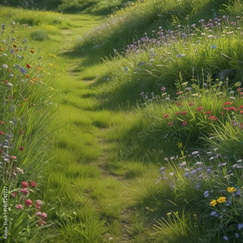 Lush green grass, vibrant wildflowers blooming in June sunlight , view, day, summer